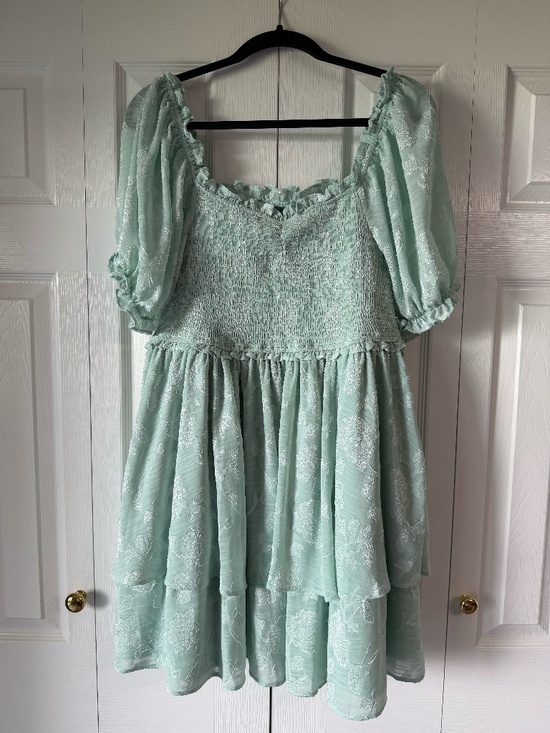 ARULA Dresses & Skirts - Arula Sage Green Smocked Mini Dress 1X Puff Sleeve Cottagecore Tiered